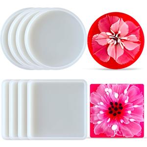 8 Pcs Silicone Coaster Molds - Round Square Silicone Coaster Molds for Epoxy Resin, Resin Tray Coaster Mold for DIY Coasters, DIY Crafts, Home Decor, Holiday Gifts