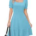 Missufe Short Sleeve Flared Ruffle Dress Women's Summer Puff Sleeve Square Neck Swing Fit Dress (Light Blue, X-Large)