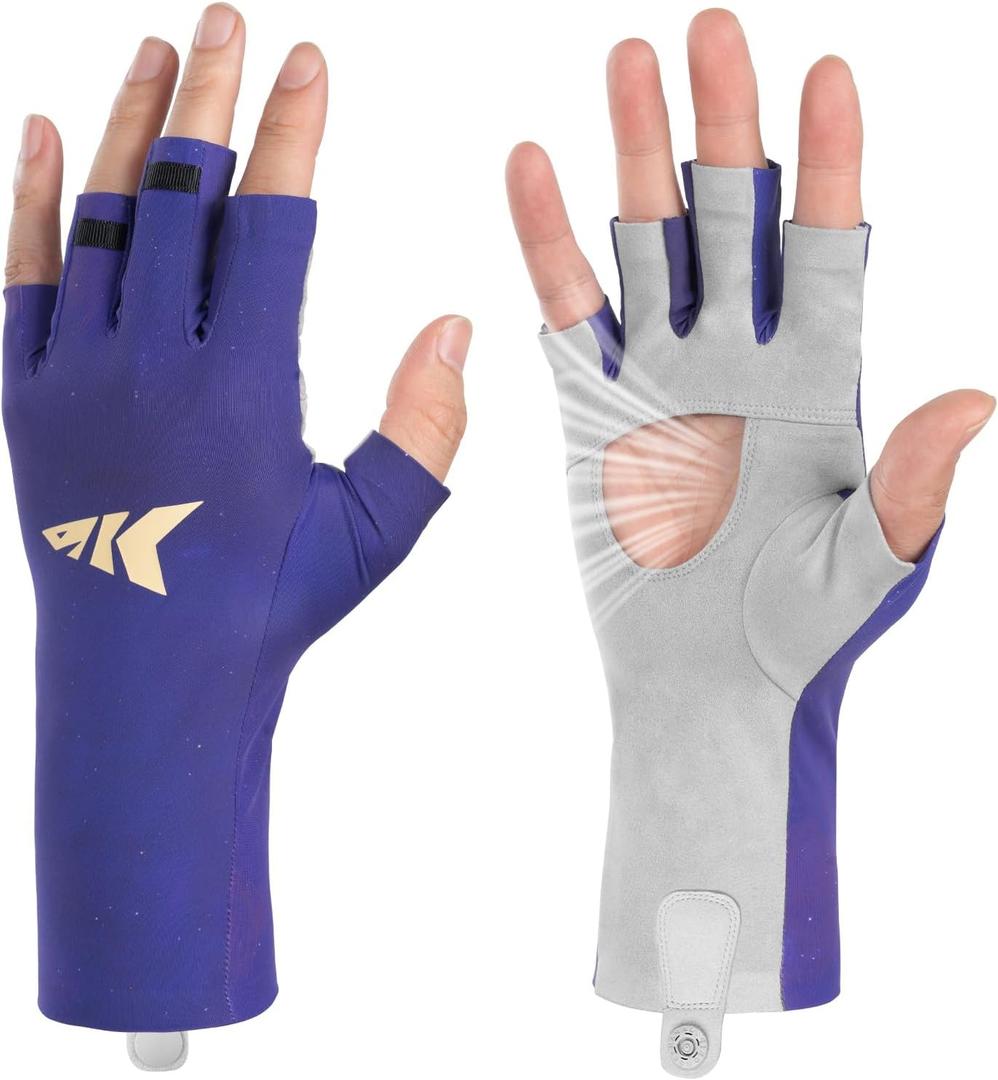 KastKing Ultimate Angler Fingerless SPF Sun Gloves, UPF50+ Sun Protection Fishing Gloves, Hydrocool Technology, Open Palm Design, Extended Cuff UV Protection Gloves for Fishing, Hiking, and Cycling (Royale Family) Small