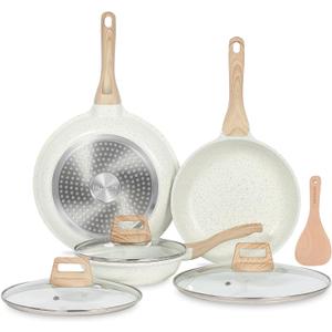 ESLITE LIFE Nonstick Ceramic Frying Pans Skillets Set with Lids, Non-Toxic Egg Omelette Kitchen Cooking Pans Compatible with All Stovetops (Gas, Electric & Induction), PTFE & PFOA Free (White) (8"+9.5"+11" Set w/Lids)