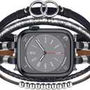 MOFREE Boho Leather Bracelet Compatible with Apple Watch Band 38mm 40mm 41mm Women, Handmade Multilayer Wrap Beaded Jewelry Apple Watch Strap for iWatch Series 10 9 8 7 6 5 4 3 2 1 Black