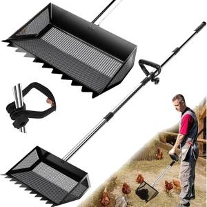 12" Metal Chicken Poop Scooper Rake for Sand with 24 to 68" Handle, Adjustable Chicken Poop Scooper for Poop,Wide 10Poop Shovel Cleaning Tools, Heavy Duty Sifting Shovel (Black Max)