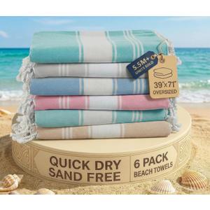 LANE LINEN Turkish Beach Towels for Women, Set of 6 - Large 39"x71", Pre-Washed, No-Shrink, Sand-Free, Quick Dry, Lightweight, Soft Beach Bath Towels - Vintage Beach