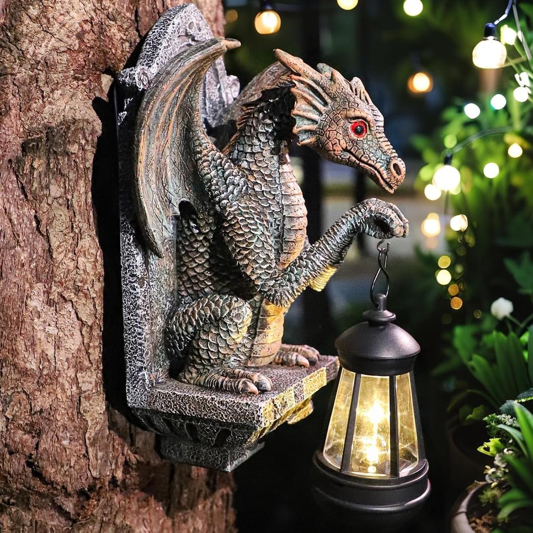 Dragon Statue Solar Lantern for Garden Dcor, Dragons Figurine Night Light, 10Outdoor Decorative Lamp, Mountable on Trees/Walls/Fences. Birthday/Housewarming Gifts for Dragon Fans (Antique Bronze)