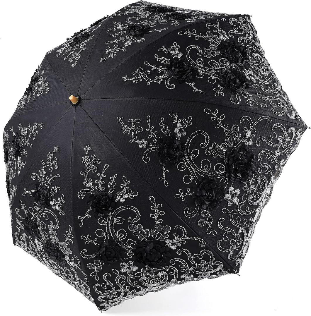 BABEYOND Lace Parasol Ultraviolet-Proof Folding Umbrella UPF50+ Vintage Flower Embroidery Umbrella for Wedding Party and Photo Shooting (Black)