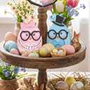 Pinkunn 2 Pcs Easter Egg Table Wooden Signs Egg Couple Easter Table Centerpiece Decorations Color Eggs with Glasses Necklace Bow for Spring Party Kitchen Office Dining Room Home Decor