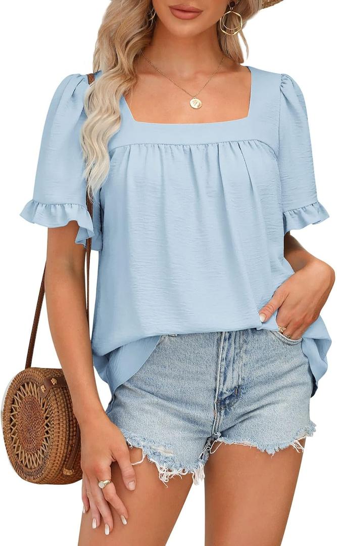 BZB Womens Summer Peplum Tops Sqaure Neck Ruffle Sleeve Blouses Fit Flowy Shirts S-2XL (Blue, S)
