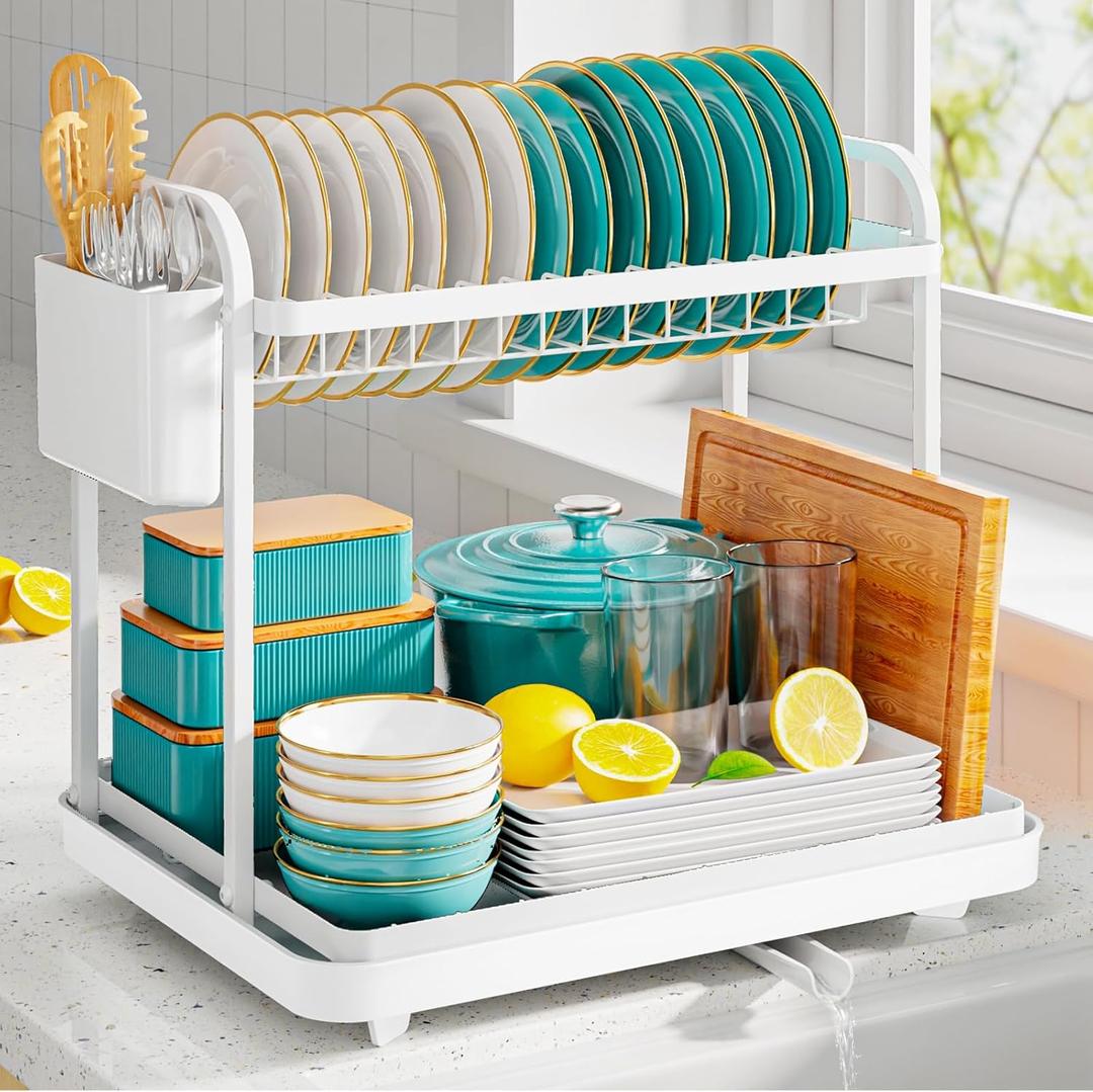 Dish Drying Rack - Stainless Steel Dish Rack for Kitchen Counter, 2-Tier Kitchen Organizers and Storage Rack with Drainboard and Cutlery Holder, Large, White