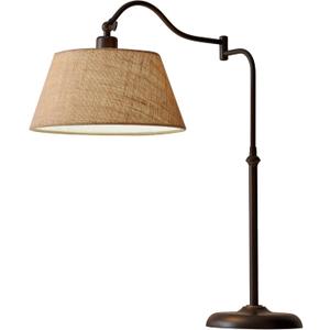 Adesso Antique Bronze Table Lamp with Burlap Shade - 180 Degree Adjustable Arm, Versatile Bedside Table, Living Room, or Desk Lamp, 27” Tall