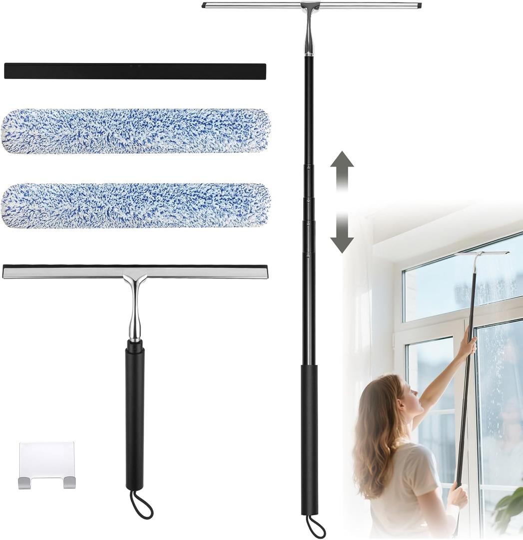 Squeegee for Shower Glass with Long Handle  Extends 13" to 48", Includes 2 Towel Sleeves, Replacement Silicone Blade & Hook, 14" Wide Blade for Glass, Mirrors, Windows & Tile Walls (Black) (Silver Stainless Steel + Black Silicone)