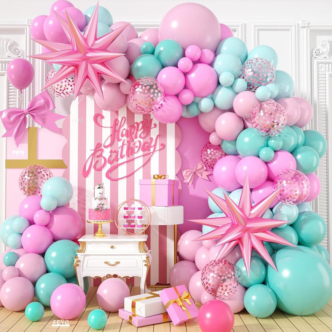 Pink and Teal Blue Balloon Arch Garland Kit, Pastel Pink Teal Blue Turquoise Latex Party Balloons with Star Confetti Balloon for Birthday Wedding Baby Shower Anniversary Party Supplies, 18inch, 10inch, 12inch, 5inch