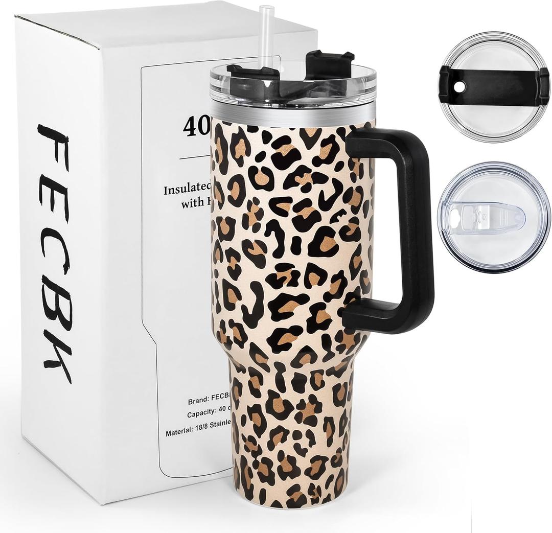 40 oz Tumbler with Handle and Straw, 100% Leak-Proof Travel Mug, Stainless Steel Double Wall Vacuum Insulated Coffee Cup Keeps Cold For 34 Hours, Cheetah