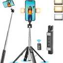 41 Selfie Stick Tripod Quadrapod with 2 Rechargeable Fill Light, Extendable Tripod with Bluetooth Remote, Stainless Steel, 3 Light Modes, 9 Brightness Levels, Compatible for All iPhone & Android