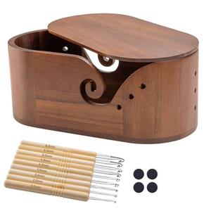 Oval Wooden Yarn Bowl for Crocheting, Large Crochet Yarn Holder, Handmade Crochet Bowls with Lid and 9pcs Knitting Hooks, Yarn Storage Organizer for Crocheting and Knitting Lovers