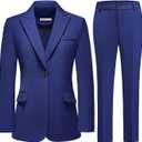 Women's Suit Formal Slim Fit 2 Piece One Button Business Casual Blue Lady Dressy Blazer Jacket Pants Set for Work Office L