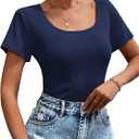 Womens T Shirt Short Sleeve Tshirt Ribbed Basic Tops Tee (Blue, L)
