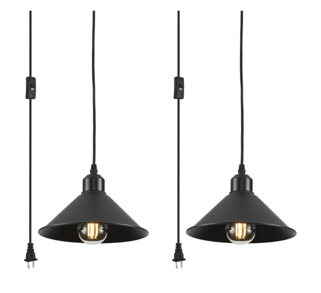 Black Plug in Pendant Light, 2 Pack Industrial Hanging Lamp Black Vintage Pendant Lighting Fixtures with 15ft Cord On/Off Switch for Kitchen Island Dinning Hall Bedroom