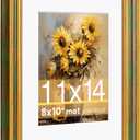 KSROECUD 11x14 Picture Frame for 8x10 Photo with White Mat, HD Real Glass 11x14 Vintage Photo Frame with Gold Vintage Green Texture Border Horizontal & Vertical Display for Tabletop or Wall Decor (1 Pack)