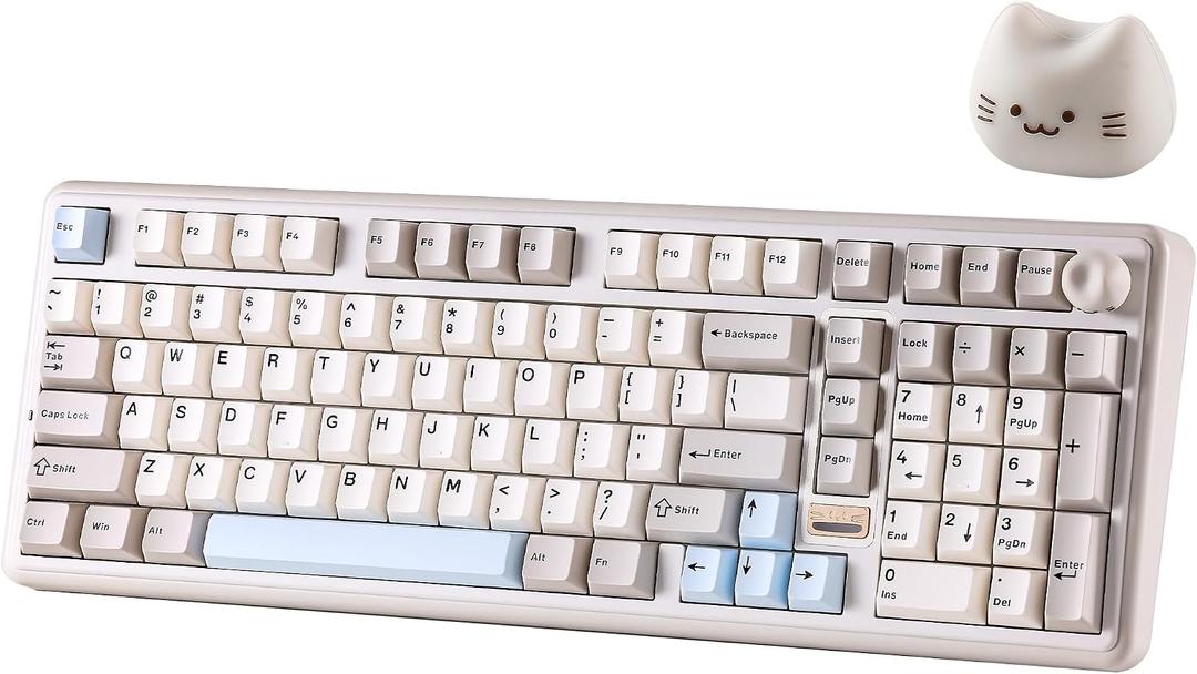 YUNZII B98 PRO QMK/VIA Wireless Mechanical Gaming Keyboard, 96% Layout with Numpad and Cute Cat Knob, BT/2.4G/USB-C, Pre-Lubed Switch Hot Swap Gasket, RGB for Win/Mac (Beige, Candy Linear Switch)