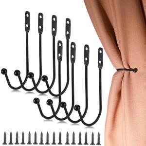 8 Pcs Metal Curtain Holdbacks, Black Curtain Tie Backs Wall Mounted Drapery Tiebacks Heavy Duty Decorative Curtains Hooks U Shaped Curtains Pull Backs Vintage Rustic Style Decor with 16 Pcs Screws