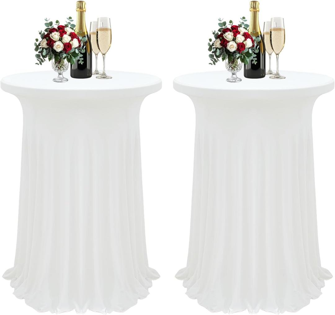 2Pack White Cocktail Table Tablecloth 32"x 43" Table Skirt Spandex Round Cocktail Table Cover with Wavy Drapes Fitted High Top Covers for Wedding Party Banquet