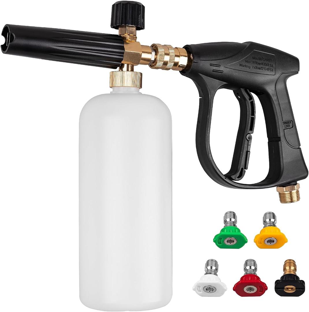 Clatoon Pressure Washer Short Gun, Foam Cannon with 1/4 Inch Quick Connector, Power Washer with 5 Pressure Washer Nozzle Tips, M22-14 mm Inlet Connector