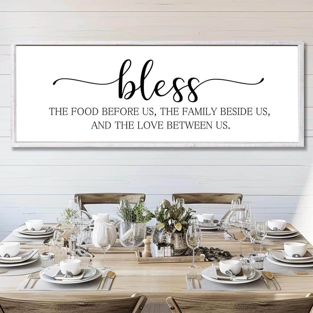 Rutiyoka Bless the Food Before Us Sign Framed Farmhouse Dining Room Wall Decor Large 42"15" Wood Kitchen Wall Art White