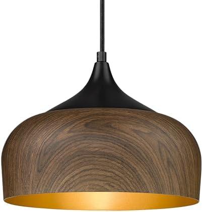 ELYONA Modern Pendant Light Walnut Wooden Pattern Dome Pendant Light Fixture Matte Black Metal Gold Inner Finish Adjustable Hanging Lighting for Kitchen Island Dining Room Office Hallway Foyer Bedroom