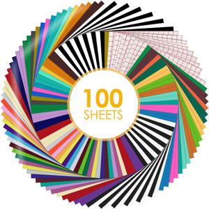 HTVRONT Permanent Vinyl for Cutting Machine-100 Pack 12 "x12 Adhesive Vinyl Sheets Set, 90 Sheets Permanent Bundle & 10 Transfer Tape for Projects and Crafting