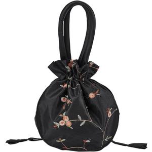 Ethnic Style Flower Handbag Black Embroidered Drawstring Bags Jewellery Gift Bags for Women Makeup Bags Organiser for Cosmetic Utensils Storage Bag Travel Party Cosmetic Bag Purse