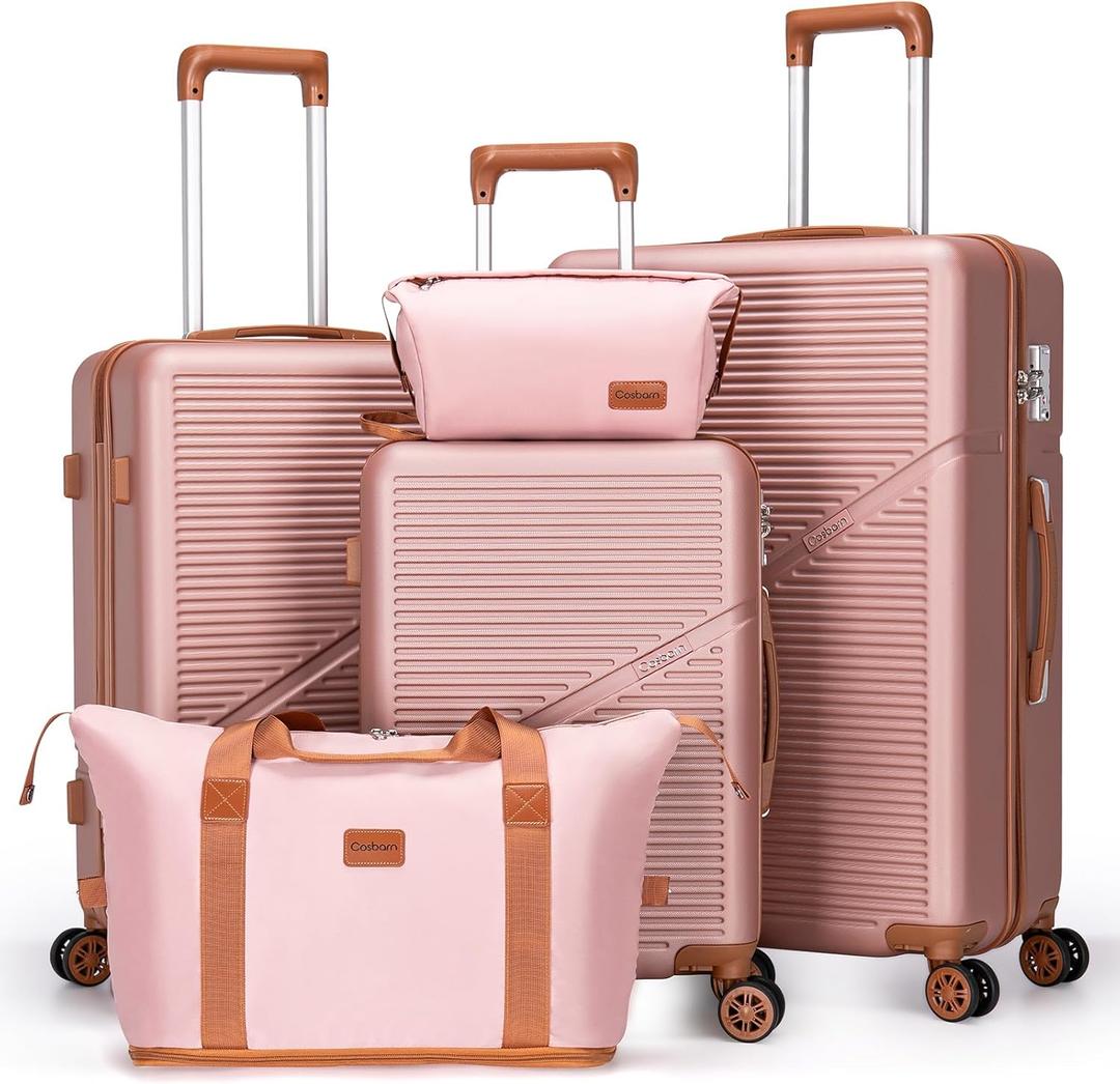Cosbarn 5 Piece Luggage Sets with Spinner Wheels, Hardshell ABS Suitcase Set with Tsa Lock, Lightweight Hardside Waterproof Travel Suitcases for Men Women, RoseGold (20"/24"/28")