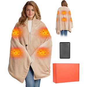 Heated Blanket Battery Operated with Fleece Lining 7.4V 16000mAh Battery 62" x 35" Heated Shawl Wraps for Women Men Cordless USB Outdoor Portable Electric Blanket 6 Heating Zones Khaki