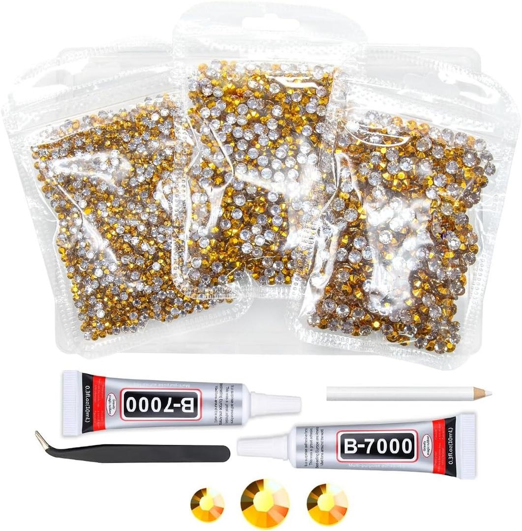 qiipii Bright Gold Resin Rhinestones w B7000 Jewelry Glue for Bedazzling Crafting 3mm 4mm 5mm Golden Flatback Jelly Stones Bulk Diamonds Crystals Gems for Nails Face Eyes Makeup Tumblers DIY Craftts