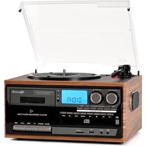 Seasonlife® Vinyl Record Player 10 in 1 Vintage Turntable, Retro Wood Brown
