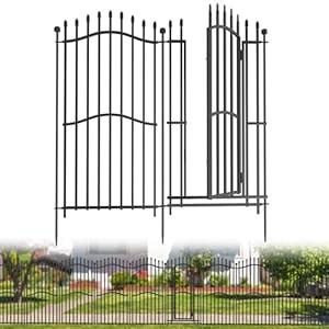 6 Panels No Dig Decorative Garden Fence with Gate  48in H x 13.5ft L, Tall HeavyDuty Square Tube Animal Barrier, Rustproof Dog Fence for Outdoor Yard & Patio Protection