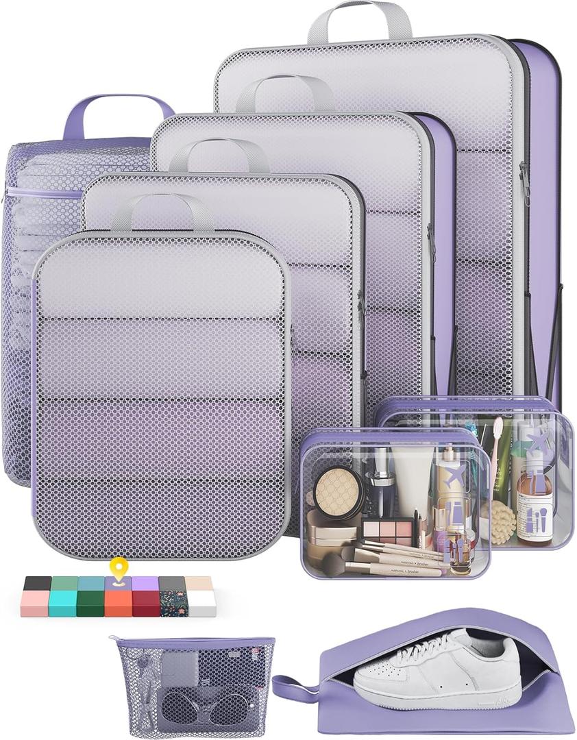 Veken 9/11 Set Compression Packing Cubes for Travel Essentials,Compressible Expandable Large Luggage Suitcase Organizer Bags for Clothing,Durable Space Saver Storage Bags(Purple Gray)