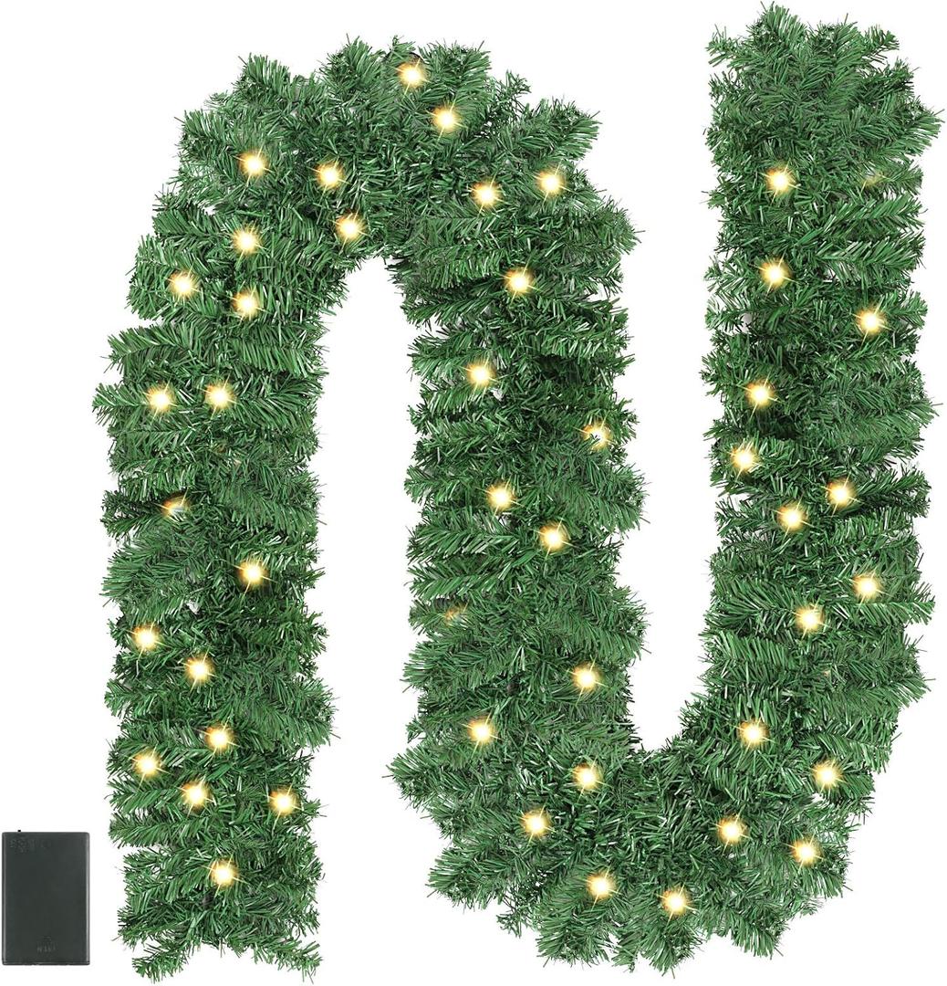 CCINEE 9FT Prelit Artificial Christmas Garland, Green Xmas Garland Battery Operated with 50 Warm LED Lights Lighted Christmas Pine Garland for Mantle Fireplace Stairs Indoor Outdoor Decoration