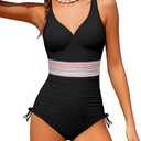Doumlop Girls One Piece Swimsuits Color Block Girls Swimsuit V Neck Girls Bathing Suit Drawstring Girls' Swimwear, 15-16 Years