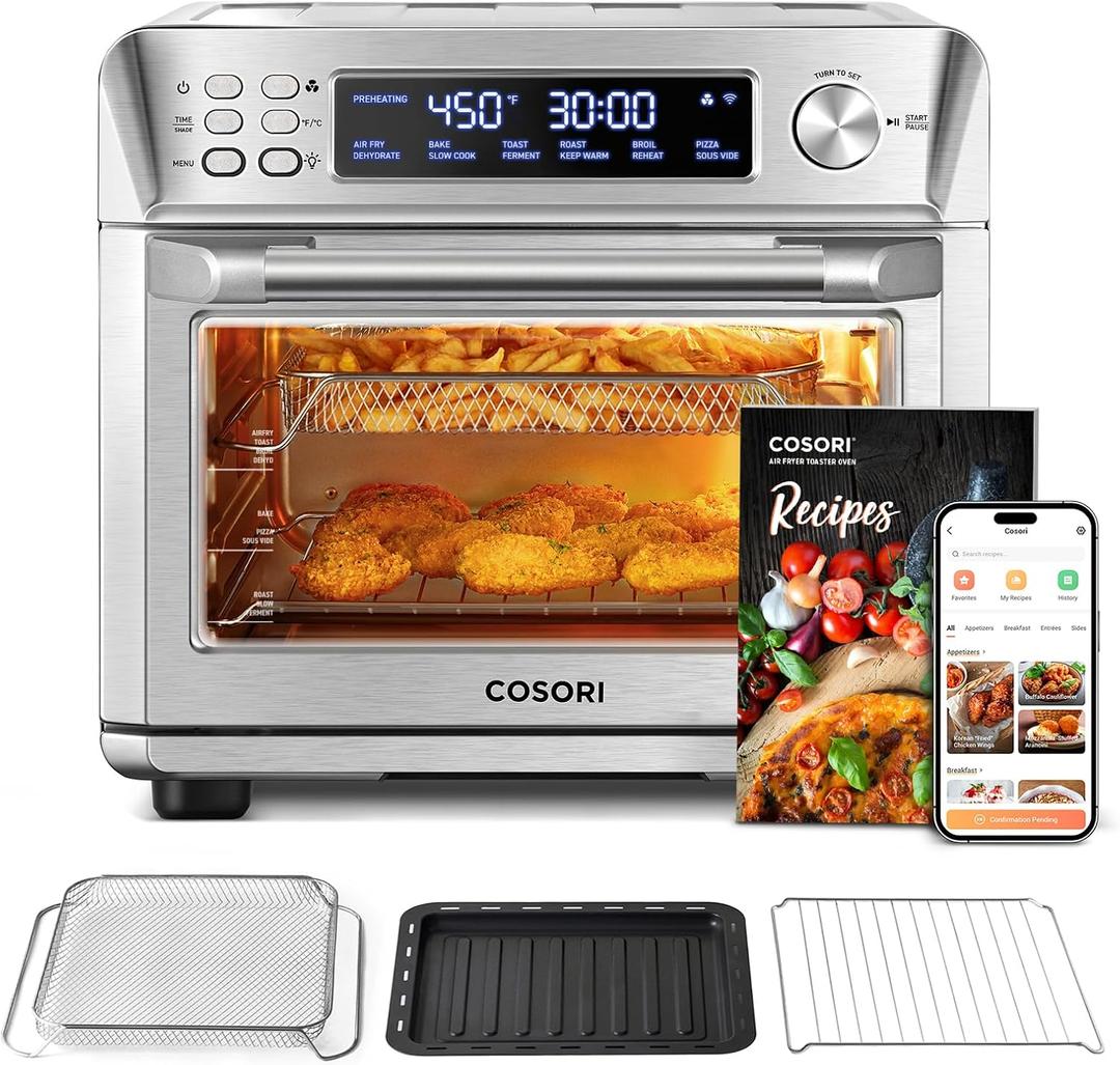 COSORI Air Fryer Toaster Oven Combo, Smart 12-in-1 Airfryer Sous Vide Convection Oven Countertop, Bake, Roast, Reheat, Broil, Dehydrate, 94 Recipes & 3 Accessories, 26QT, Silver, Stainless Steel