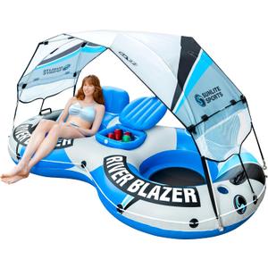 Sunlite Sports River Tube with Canopy for 1 or 2 Person - Heavy Duty Inflatable Water Float with Cup Holders, UV Sun Protection, Comfortable Lounge Design for Lake, River, Pool, X-Large