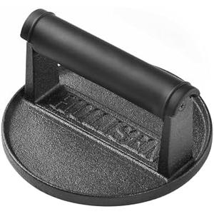 HULISEN Pre-Seasoned Cast Iron Burger Press, Heavy Duty 6” Burger Smasher for Griddle with Heat Resistant Handle, Grill Press for Hamburger, Bacon, Meat, Steak, Patty, Barbecue Grilling Tool, 2.3lb
