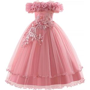 Flower Girl Dresses Lace Embroidery Off The Shoulder Tulle Dress Communion Pageant Wedding Dance Gown (7-8 Years, Beanpaste)