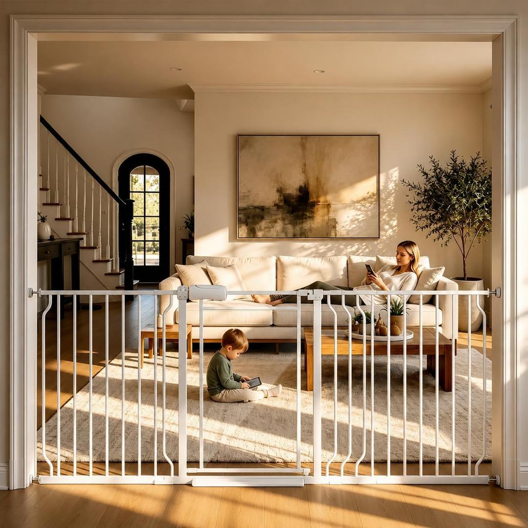 Clear Acrylic Extra Wide Baby Gate and Dog Gate, 67-75 in Wide Clear panel keeps rooms visually open while creating an indoor boundary for babies and dogs; pressure mounted, no drilling, 30.5"Tall, 67”-75“Wide