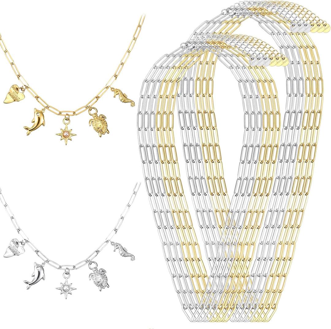 Misdary 12 Pcs Paperclip Chain Necklace Paperclip Charm Necklace for Women, 16 Inch and 18 Inch 3 x 9 mm Chains for Jewelry Making with Adjustable Link Chains (Gold Silver)