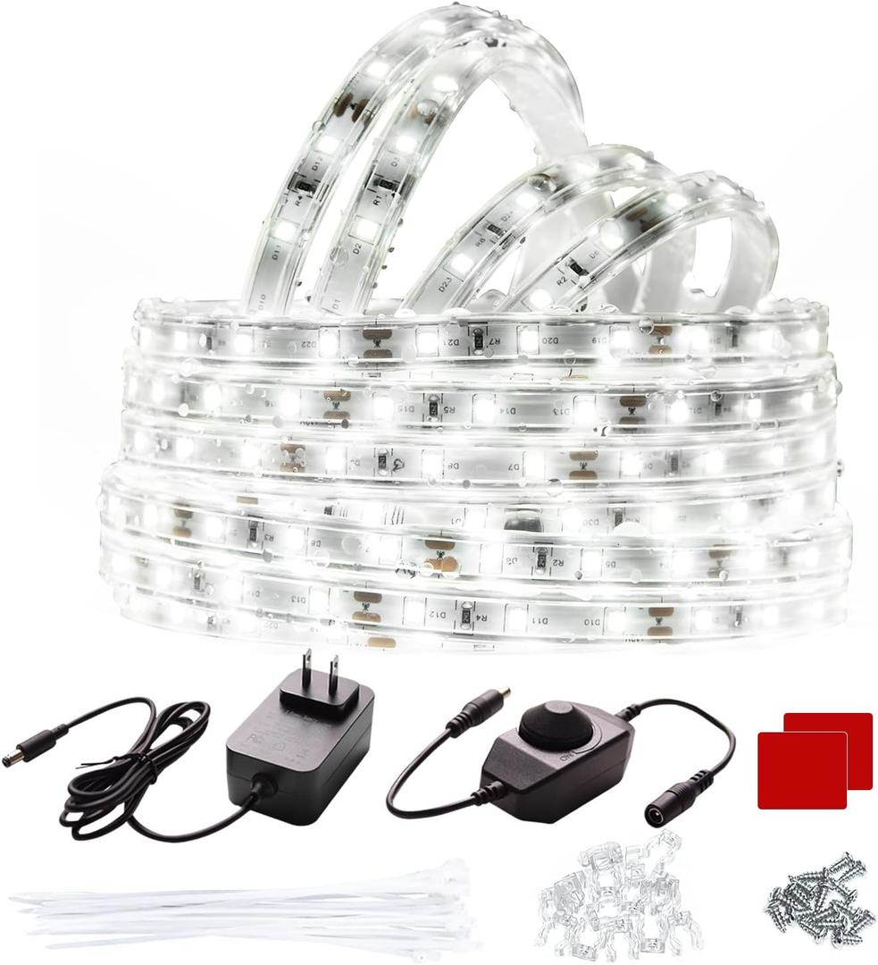 White Rope Lights Outdoor Waterproof 16.4ft LED Strip Light Indoor Connectable 300 LEDs 6000K 12V Flexible Plug-in Tape Lighting for Patio Deck Camping Christmas
