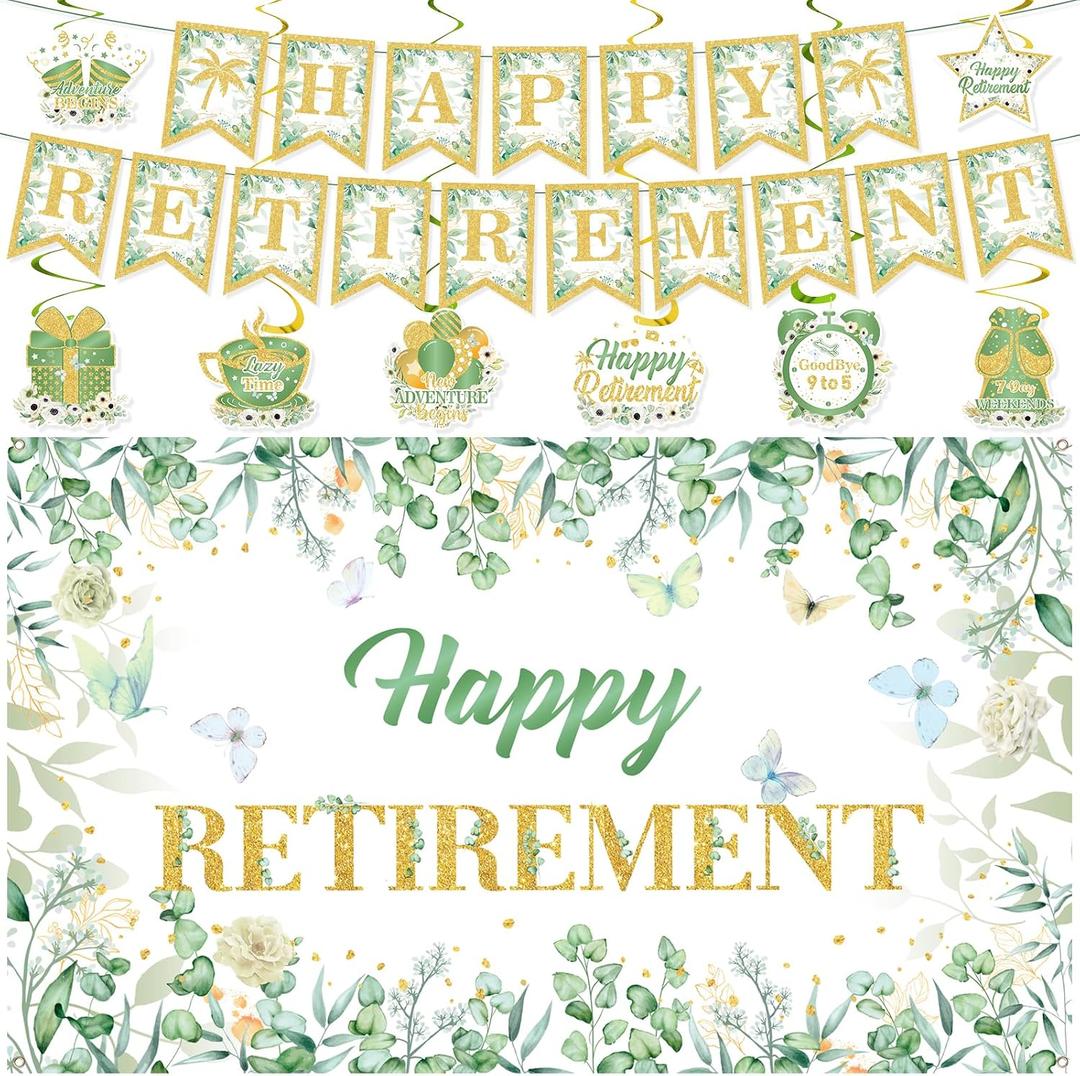 Retirement Party Decorations Sage Green Gold Happy Retirement Banner Leaf Backdrop Goodbye Hanging Swirls Decor for Men Women Pastor Employee Coworker Teacher Appreciation Labor Day Farewell Supplies