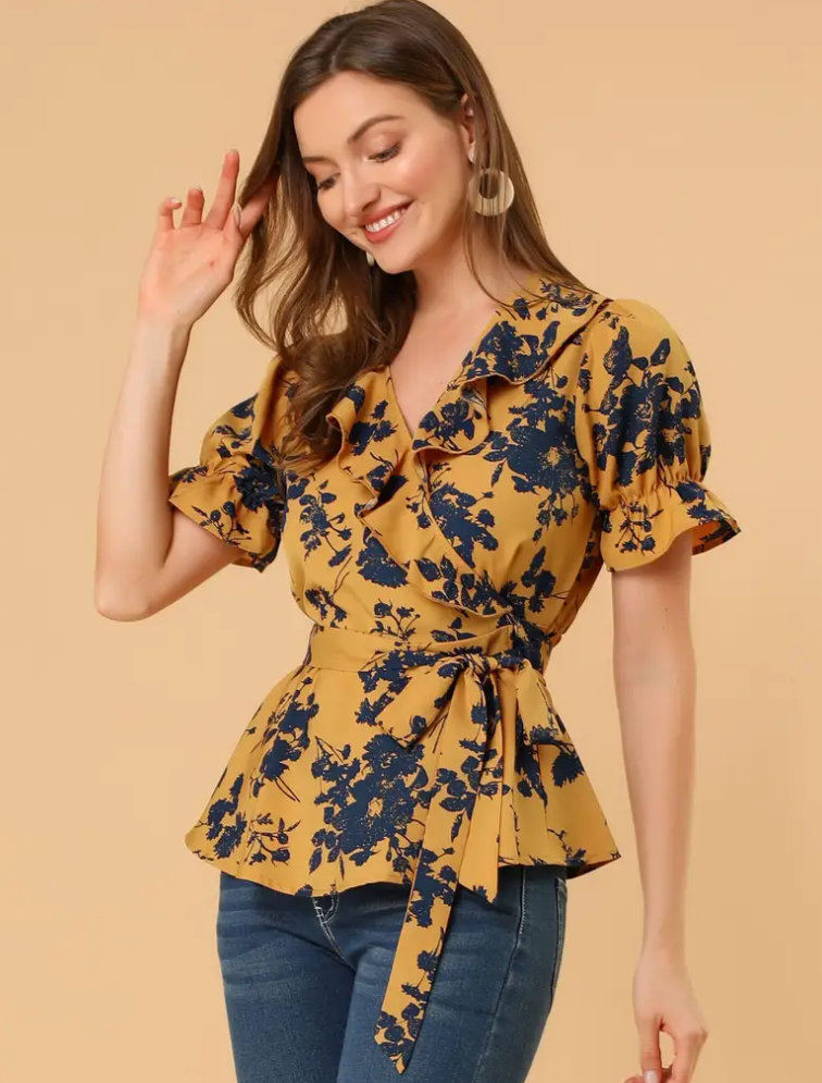 Allegra K Women's Wrap Peplum Top Blouse 2025 Summer Floral Short Sleeve Ruffle V Neck Belted Shirts, M