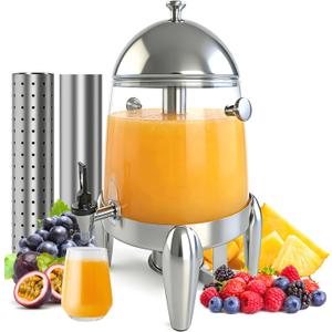 Beverage Dispenser with Stand, 3 Gallon Drink Dispenser for Parties,Events,Buffet &Self-Serve,Dual Ice Tube Core Fruit Infuser,Leakproof Spigot,Clear PC Container, Stainless Steel Lid&Base