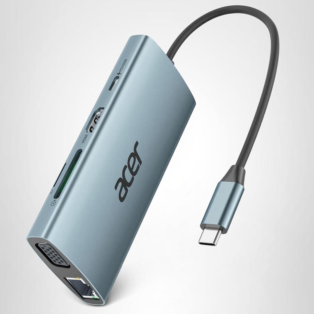 Acer USB C Hub with 4k HDMI, 9-in-1 USB C to Ethernet Adapter, 5Gbps USBA 3.0 Docking Station, VGA Splitter, SD Card Reader, PD 100W Charging for MacBook, Acer, Laptops, Surface and More