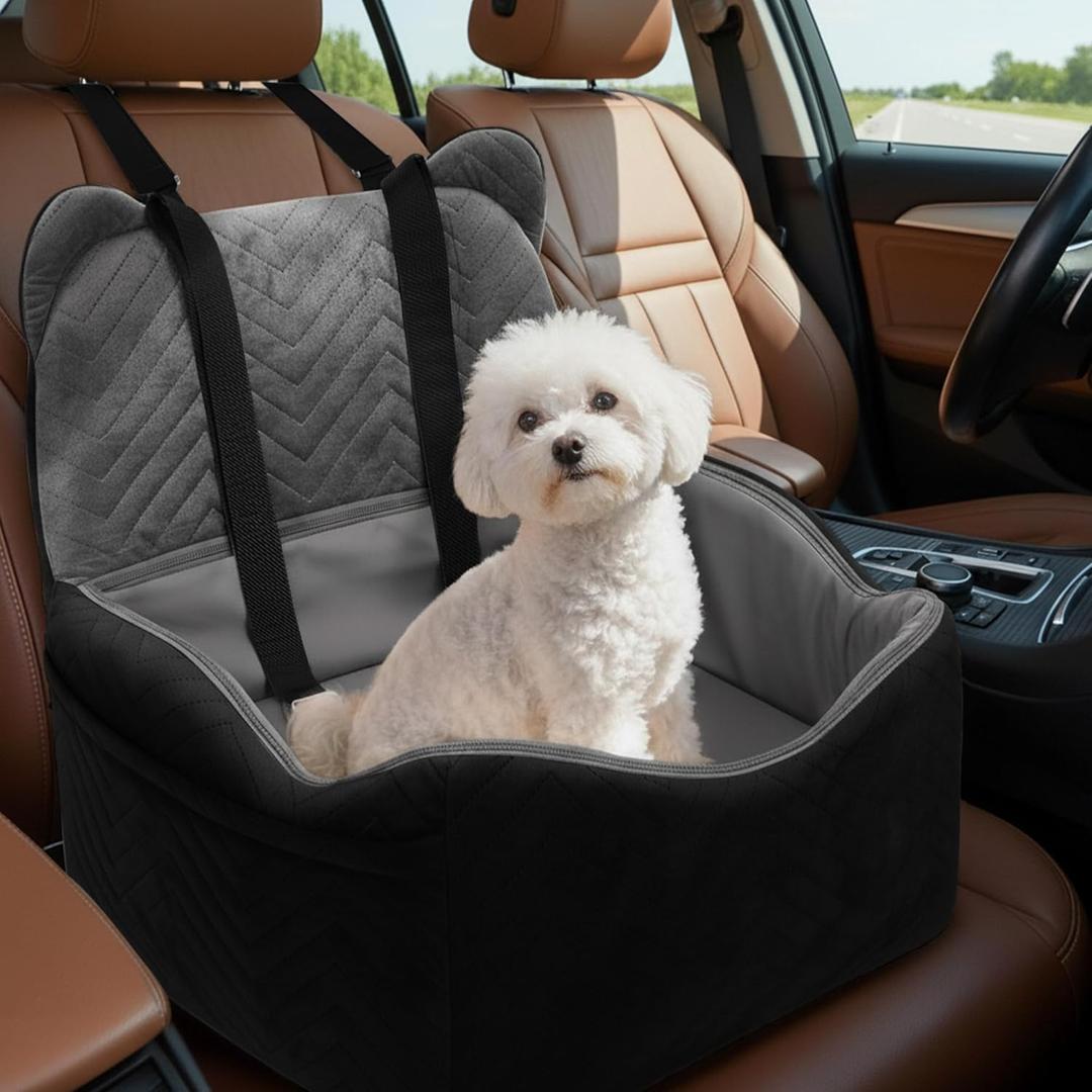 Dog Car Seat for Small/Medium Dogs Up to 30 lbs, Memory Foam Dog Booster Car Seats with Waterproof PU Cover, Pet Seat with Storage Pockets & 2 Safety Belt for Travel(Black)